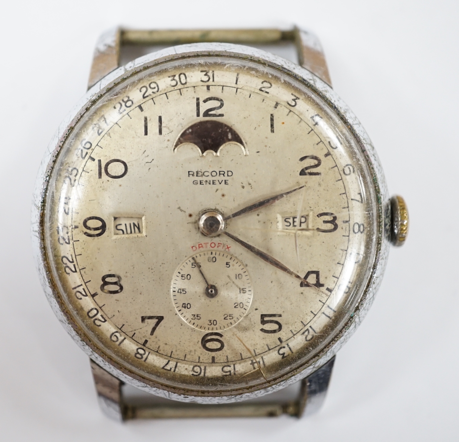 A gentleman's stainless steel Record calendar moonphase manual wind wrist watch, no strap, case diameter 35mm.